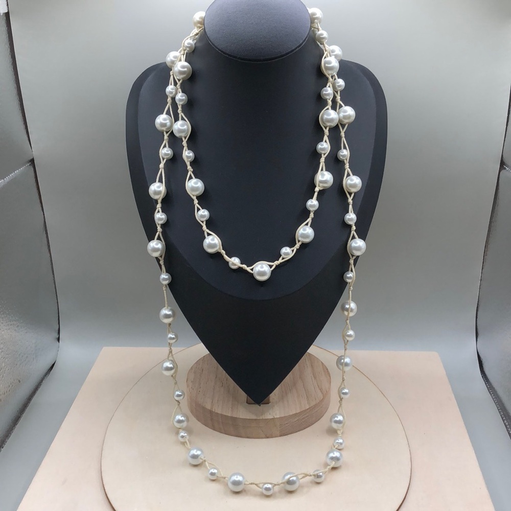 Handmade artisan faux pearl knotted necklaces 2, layered look.